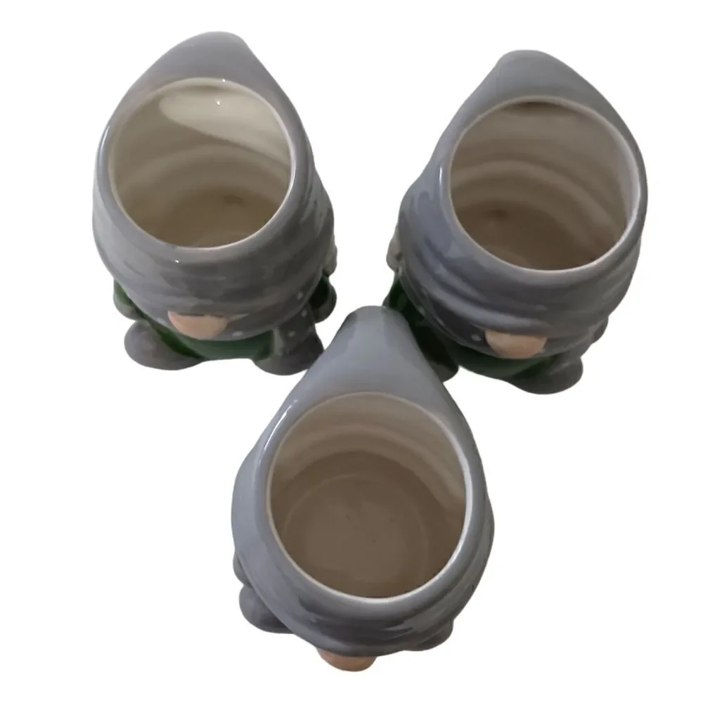 Pottery Barn Gnome Gnomette‎ Mug Set x 3 Ceramic Holiday Gray Green Polka Dots